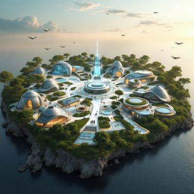 The primary subject of the image is a futuristic city built on a large rock in the middle of the ocean. The city is surrounded by water and features a variety of buildings, including a large tower. The setting is a mix of natural and artificial elements, with the rock providing a unique foundation for the city. The visual style of the image is a combination of photo and digital art, creating a realistic yet imaginative representation of the futuristic city. The colors and mood of the image are predominantly blue and green